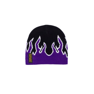 NG Graphic Beanie – purple fire design beanie on snow, featuring bold graphics and ‘No Bullshit, Just Riding’ label. 100% acrylic, warm, durable, and perfect for snowboarding, skiing, and winter wear.