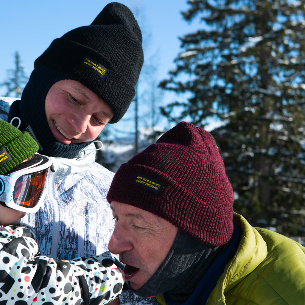 Discover our Adult Classic Beanie—100% acrylic, snug fit, perfect for snowboarding, skiing, and cold-weather wear. Available in vibrant colors with the "No bullshit, just riding" label. Stay warm and stylish on every winter adventure. Ideal for adults who love bold style! Model. NGtool best multitool, binding tool on Snow. Beauty green color. Family on Snow.