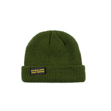 Load image into Gallery viewer, Shop our Kids Classic Beanie—small fit, 100% acrylic, perfect for kids who love snowboarding, skiing, and staying warm. Featuring the &quot;No bullshit, just riding&quot; label, this beanie combines style and warmth for all winter adventures. Ideal winter gear for young shredders! Kids Model. Green Color. Kids Fashion.