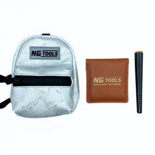 Handcrafted NG Snowboard Binding Bag – luxury high-back backpack for snowboard enthusiasts, featuring a silver snake design and brown leather ashtray by NG Tools, displayed on a flat surface..