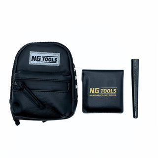 Premium NG Snowboard Binding Bag with unique designer style, durable waterproof materials, and black leather punk style with pyramids. Features black leather ashtray by NG Tools, displayed on a flat surface.