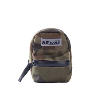 NGTOOLS Army Camo Snowboard Binding Bag attached to a snowboard binding high-back. Compact, lightweight, and designed for secure storage during snowboarding adventures.