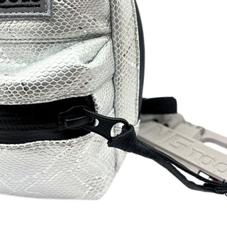 Close-up of NGtools Silver Snake designer binding bag with textured snake-pattern fabric and durable YKK zipper.
