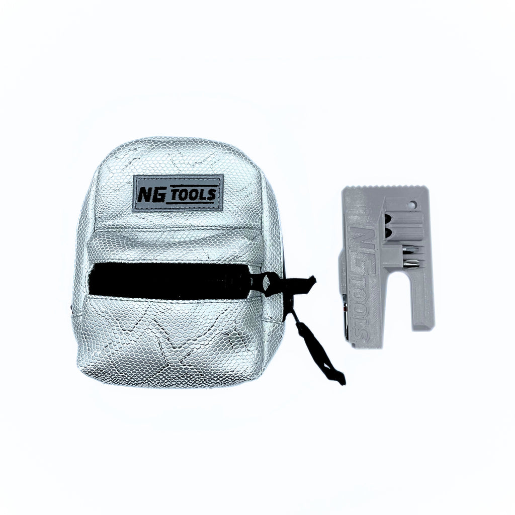 NGtools Silver Snake Designer Bag displayed outdoors on snowboard gear, showcasing premium design and protective material.
