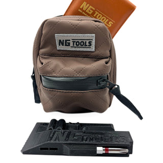 NG Designer Leather Set Brown Detail – limited edition synthetic leather snowboard binding bag and NG Compact Multitool Pro combo by NG Tools