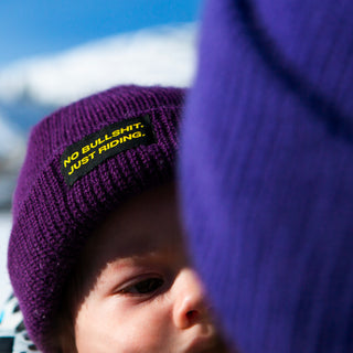 NGtools “No Bullshit, Just Riding” label on Kids Classic Beanie – authentic snowboard design for kids