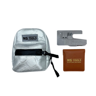 NGtools Designer Bag Silver Snake mounted on snowboard binding, premium waterproof storage bag for tools and accessories.
