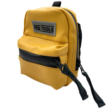 Load image into Gallery viewer, NGtools Snowboard Binding Bag in yellow faux leather in detail, compact and waterproof, securely attached to a snowboard binding. Perfect for carrying essentials on the mountain.