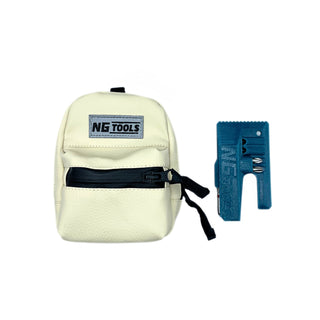 NGtools Leather White binding bag installed on snowboard binding, clean premium design for holding tools and essentials.
