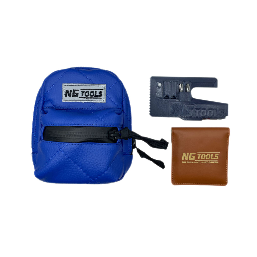 NGtools Designer blue leather snowboard tool set with NG Multitool Pro and pocket ashtray for snowboard riders