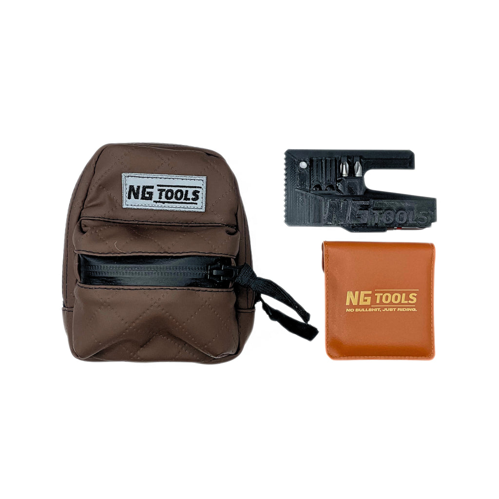NG Designer Leather Set Brown – limited edition synthetic leather snowboard binding bag and NG Compact Multitool Pro combo by NG Tools