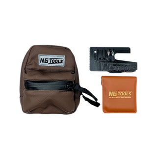 NG Designer Leather Set Brown – limited edition synthetic leather snowboard binding bag and NG Compact Multitool Pro combo by NG Tools