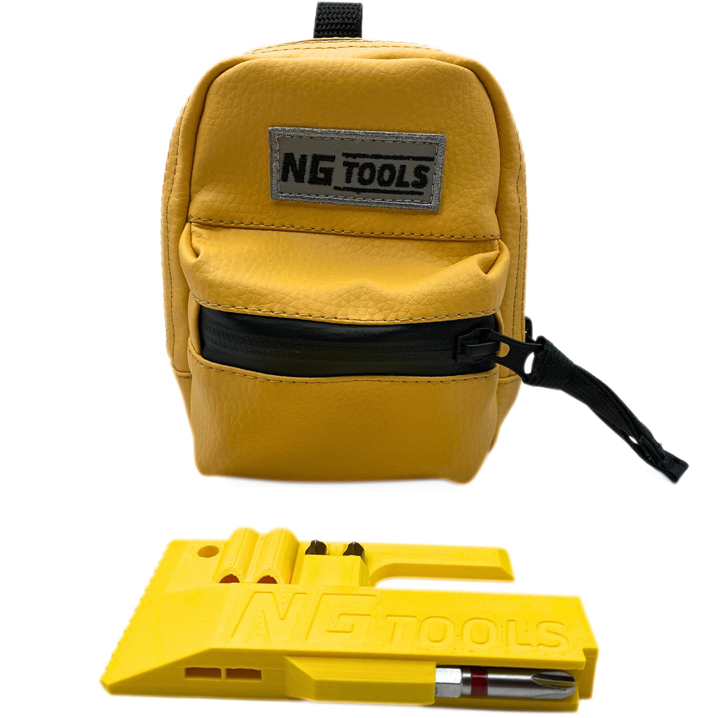 NG Leather Set Yellow from front View – synthetic leather snowboard binding bag and NG Compact Multitool combo by NG Tools