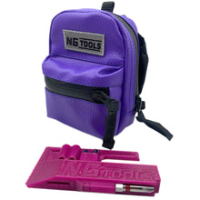 Load image into Gallery viewer, NG Leather Set Purple from front view  – synthetic leather snowboard binding bag and NG Compact Multitool Pro combo by NG Tools