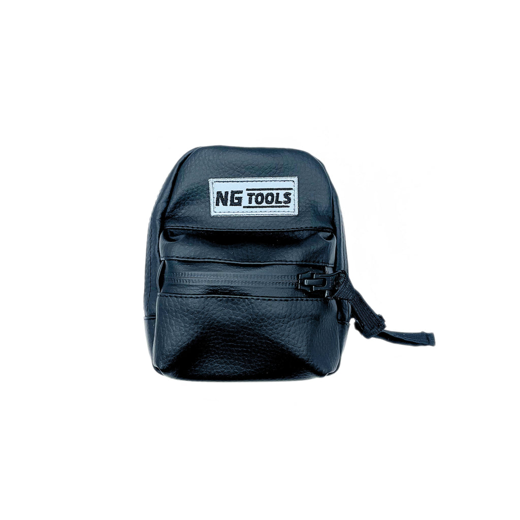 NGtools Leather Black binding bag mounted on snowboard binding, premium waterproof storage for tools and accessories.