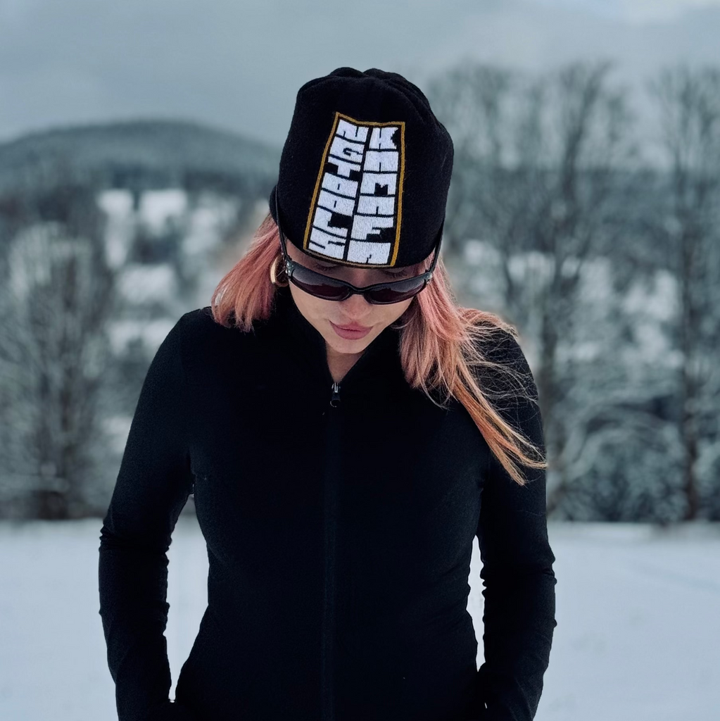 NGtools Kamafa winter beanie snowboard on model.