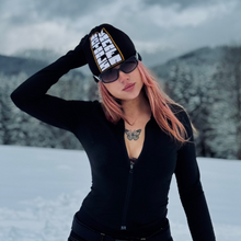Load image into Gallery viewer, Black snowboard beanie Kamafa graphic on model.