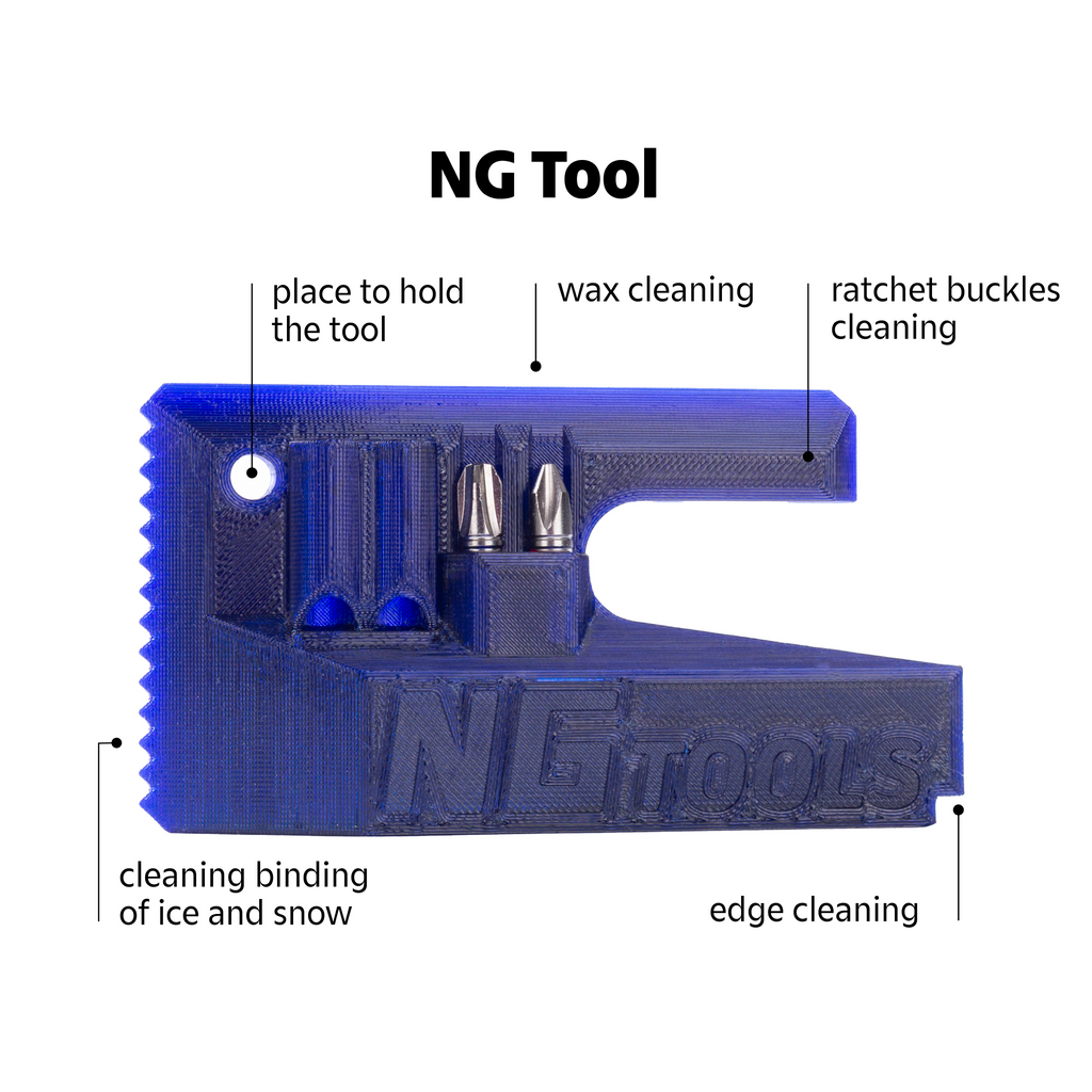 NG Snowboard Binding Tool Multitool Blue. Best Bindings tool for Snowboard, Splitboard, Skialp. Including Screwdriver, two bits, whistle. Perfect for cleaning bindings, ratchet buckles, base, edges, using by waxing.Description